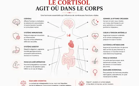 Schéma du corps humain montrant les effets d'un cortisol trop élevé sur le cerveau, le système immunitaire, la digestion, les muscles, le sommeil, le cœur, la glycémie, la peau et les hormones.