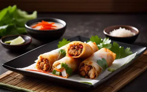 Des nems croustillants, parfaits pour une recette facile. Ils sont servis avec une sauce et du riz.