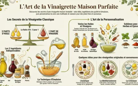 L'art de la vinaigrette maison parfaite : ratio, ingrédients, émulsion et personnalisation avec des saveurs originales.