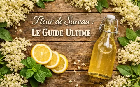 Fleurs de sureau en abondance, une bouteille de sirop doré, des citrons et de la menthe sur fond de bois. Le guide ultime pour le sureau.
