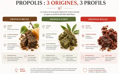 Propolis rouge : origine Brésil/Cuba, activité antimicrobienne marquée. Pas d'effets secondaires mentionnés, idéale pour infections et ORL.