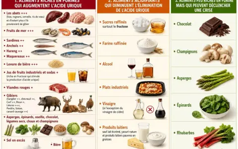 Tableau comparatif des aliments : ceux qui augmentent l'acide urique (abats, fruits de mer, poissons, levure, sodas, viandes rouges, gibiers, sel, bière), ceux qui diminuent son élimination (sucres, farine, alcool, plats industriels, vinaigre sauf cidr...