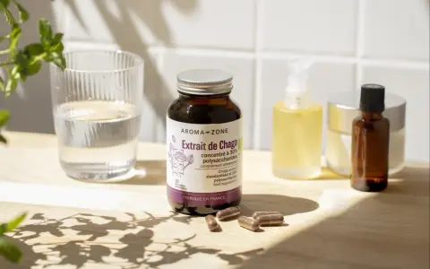 Bouteille d'extrait de Chaga, compléments alimentaires et verre d'eau. Découvrez les chaga bienfaits pour votre bien-être.
