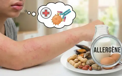Éruption cutanée sur le bras, pensée d'une réaction allergique. L'allergie au safran peut se manifester ainsi.