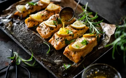 Filets de saumon sauce soja sucrée, garnis de citron et de persil, sur un plateau orné. Une louche verse la sauce.