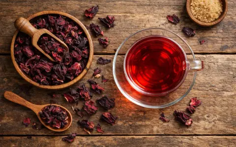 Infusion hibiscus bienfaits : une tasse de thé rouge vif à côté d'un bol de fleurs d'hibiscus séchées et d'une cuillère en bois.