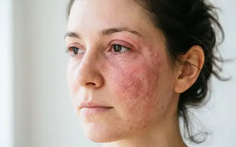 Visage d'une femme avec une peau rouge et irritée autour des yeux et sur les joues, possiblement une allergie au collagène.