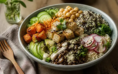Un délicieux bouddha bowl coloré avec tofu grillé, patates douces, avocat, lentilles, pois chiches, quinoa et radis.