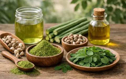 Huiles, feuilles, poudre et bâtonnets de moringa, illustrant les multiples moringa bienfaits pour la santé.