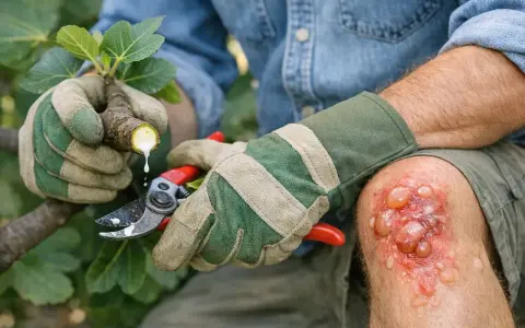 Gants verts protégeant des mains qui taillent une branche de figuier d'où coule la seve de figuier. Le genou porte une blessure avec des cloques.