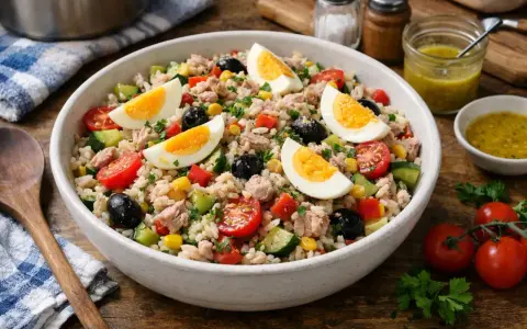 Salade de riz aux œufs, thon, olives et tomates, assaisonnée d'une vinaigrette vinaigre de riz.