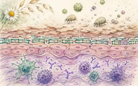 Coupe de peau montrant des acariens et des pollens déclenchant une réaction allergique avec des anticorps et des cellules immunitaires. Une prise de sang allergie peut révéler ces réactions.
