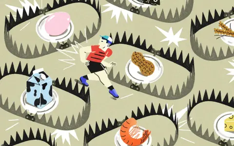 Un coureur esquive des pièges alimentaires : œuf, lait, poisson, cacahuète, crevette, fromage. Naviguer les allergies, comme une allergie au Nutella, est un parcours semé d'embûches.