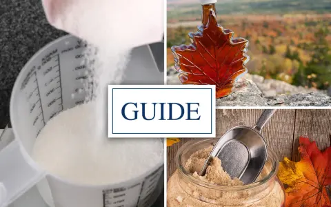 Guide : par quoi remplacer sirop d'érable. Sucre blanc, sirop ambré en feuille d'érable, cassonade.