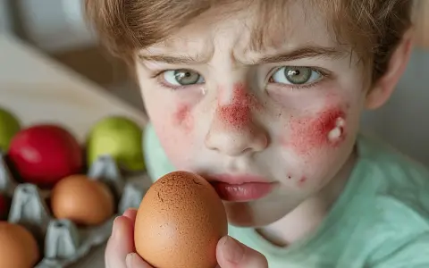 Visage d'enfant irrité, gros plan sur un œuf. Il semble souffrir d'une allergie œuf cru.