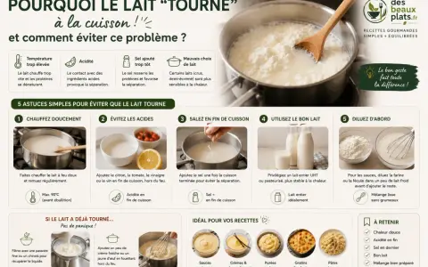 Pour éviter que le lait tourne, privilégiez le bon lait entier UHT. Si vous l'utilisez pour des sauces, diluez la farine dans du lait froid pour un mélange lisse.
