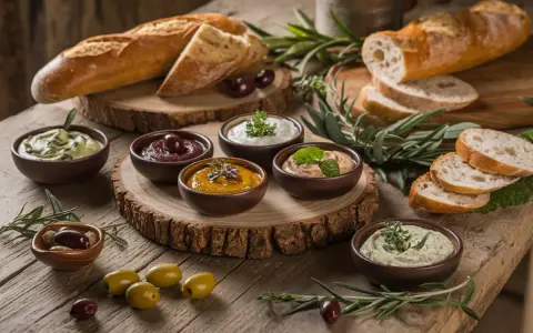 Assortiment de sauces dip colorées, accompagnées de pain frais et d'olives, sur une table en bois rustique.