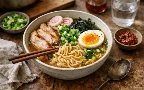 Un bol de ramen de poulet fumant avec des nouilles, des tranches de poulet grillé, un œuf mollet, des algues et des oignons verts.