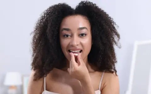 Femme aux cheveux bouclés prend une gélule. Elle se demande si le collagène marin peut causer une allergie.