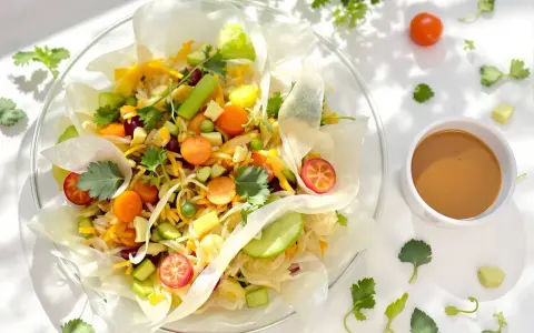 Un rouleau de printemps végétarien coloré, rempli de nouilles, carottes, concombre, pois et herbes fraîches, servi avec une sauce.