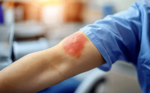 Éruption cutanée rouge et enflammée sur le bras, possiblement due à une allergie au blanc d'œuf.
