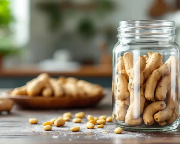 Racines d'ashwagandha dans un bocal en verre, rappelant le danger potentiel de surconsommation.