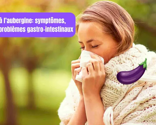 Une jeune femme éternue dans un mouchoir, une aubergine stylisée à côté d'elle. Elle souffre peut-être d'une allergie aubergine.