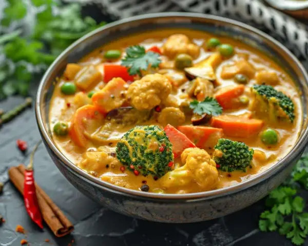 Un délicieux coco curry végétarien, riche en brocolis, chou-fleur et carottes, garni de coriandre fraîche.