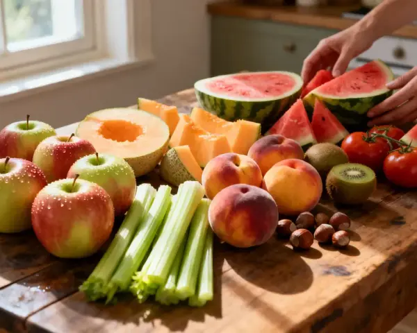 Fruits et légumes frais sur une table en bois. Une alimentation saine peut aider à gérer une allergie aux graminées.
