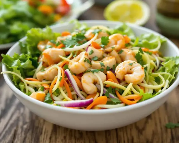 Salade de nouilles thaï colorée avec crevettes, carottes râpées, oignons rouges et coriandre fraîche, servie dans un bol blanc.