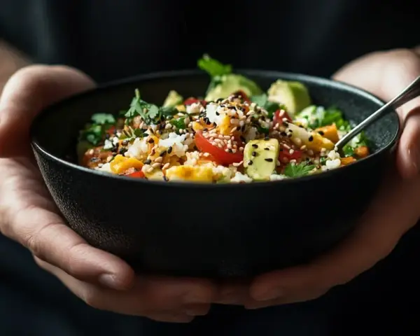 Un bol de riz coloré garni d'avocat, de tomates et de graines de sésame, prêt à être dégusté.