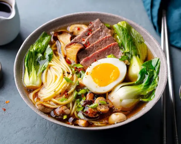 Un bol de pâte ramen savoureux avec des tranches de bœuf, un œuf mollet, des champignons et du bok choy.