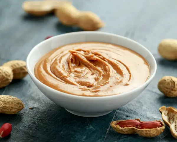 Un bol de sauce cacahuète facile, crémeuse et onctueuse, entouré de cacahuètes entières et décortiquées.