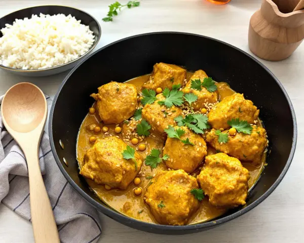 Boulettes de poulet au curry, parsemées de sésame et de coriandre, servies avec du riz blanc. Une recette de riz au curry facile et savoureuse.