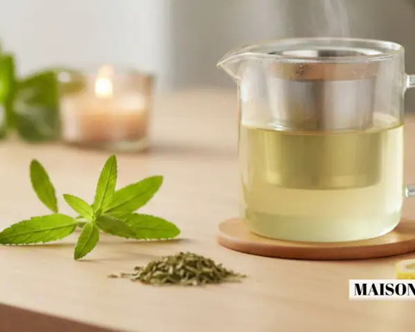 Une théière en verre fumante contient une tisane verveine dorée. Des feuilles fraîches et séchées de verveine, ainsi qu'une tranche de citron, complètent la scène.