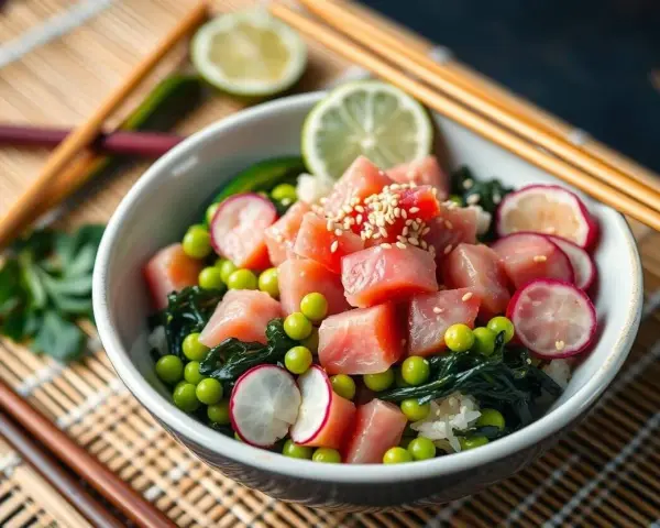 Un délicieux poke bowl riz avec du thon cru, des petits pois, des radis, des algues et des graines de sésame.