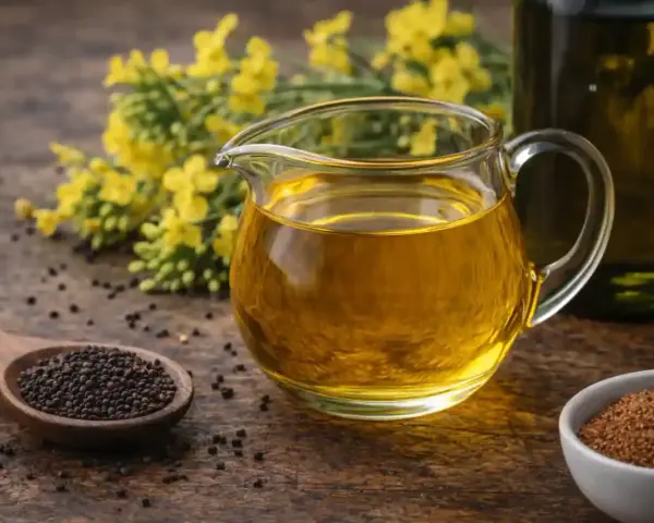 Un pichet de liquide doré, l'huile de colza cuisson, à côté de graines et de fleurs jaunes.
