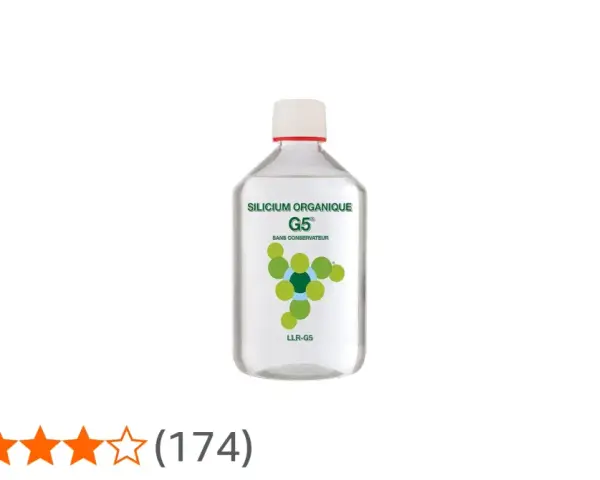 Bouteille de silicium organique G5, sans conservateur, avec un logo de molécules vertes. Évaluation 4,1 étoiles.