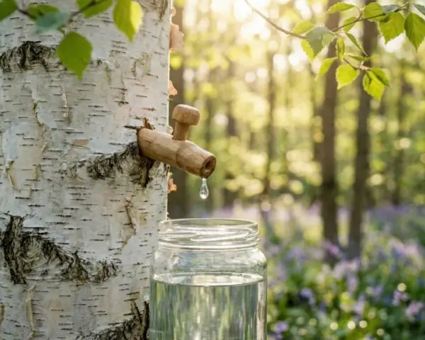 Goutte à goutte, la seve de bouleau coule dans un bocal. La forêt s'éveille au printemps, baignée d'une douce lumière.