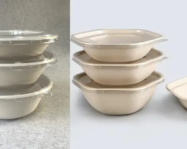 Empilement de bols à sauce en carton biodégradable avec couvercles transparents. Parfait pour emporter vos plats préférés.