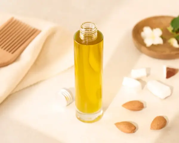Bouteille d'huile d'amande douce pour les cheveux, avec un peigne en bois, des amandes et des fleurs de jasmin.