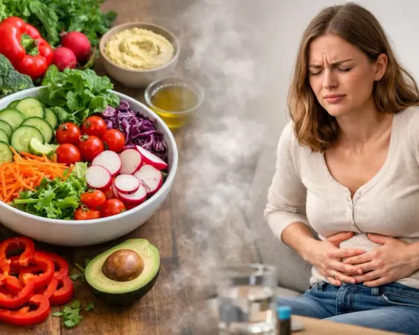 Une femme souffre de maux d'estomac après avoir mangé une salade verte.