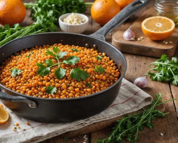 Poêle remplie de lentilles dorées, garnie de persil frais. Autour, des oranges, de l'ail et des épices suggèrent un plat savoureux.