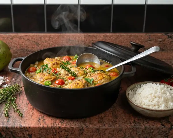 Un plat fumant de poulet au riz et lait de coco, garni de tomates cerises et de poivrons. Une invitation à découvrir cette recette savoureuse.