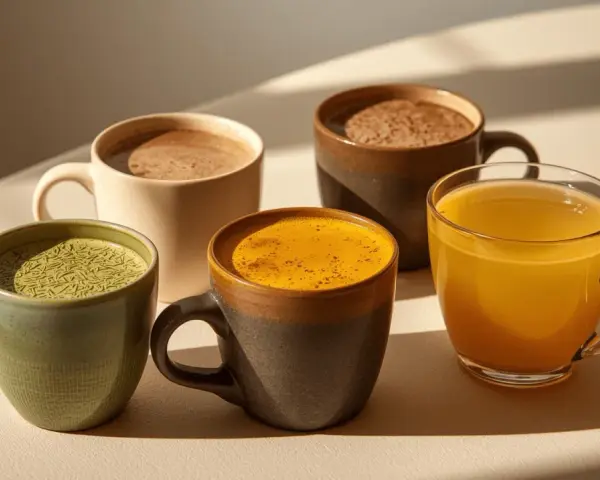 Quatre tasses de boissons colorées : matcha, curcuma, chocolat chaud et boisson dorée. Une belle alternative au café pour commencer la journée.