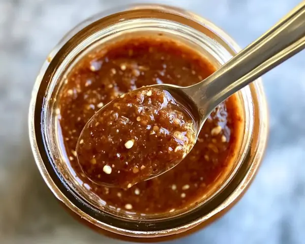 Une cuillère remplie de sauce asiatique pour riz, avec des graines visibles, sort d'un pot en verre.