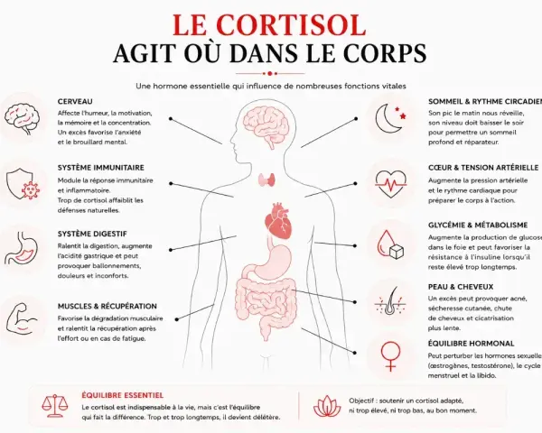 Schéma du corps humain montrant les effets d'un cortisol trop élevé sur le cerveau, le système immunitaire, la digestion, les muscles, le sommeil, le cœur, la glycémie, la peau et les hormones.