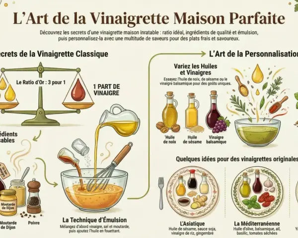 L'art de la vinaigrette maison parfaite : ratio, ingrédients, émulsion et personnalisation avec des saveurs originales.