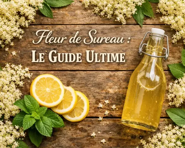 Fleurs de sureau en abondance, une bouteille de sirop doré, des citrons et de la menthe sur fond de bois. Le guide ultime pour le sureau.