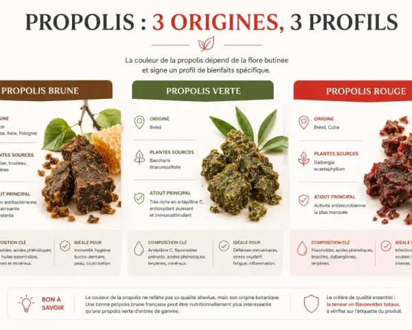 Propolis rouge : origine Brésil/Cuba, activité antimicrobienne marquée. Pas d'effets secondaires mentionnés, idéale pour infections et ORL.